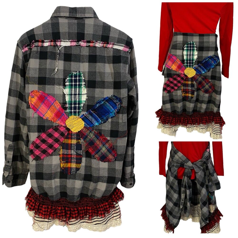 Flannel Shirt Women XL Shacket Flower Grunge Camp Rock Country Festival Upcycled - Picture 2 of 16